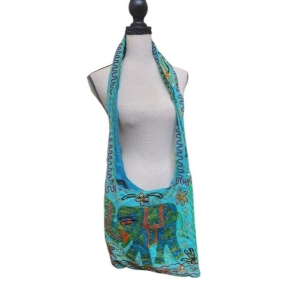 Turquoise Elephant Embellished Boho Crossbody Sling Purse Cloth Hippie India